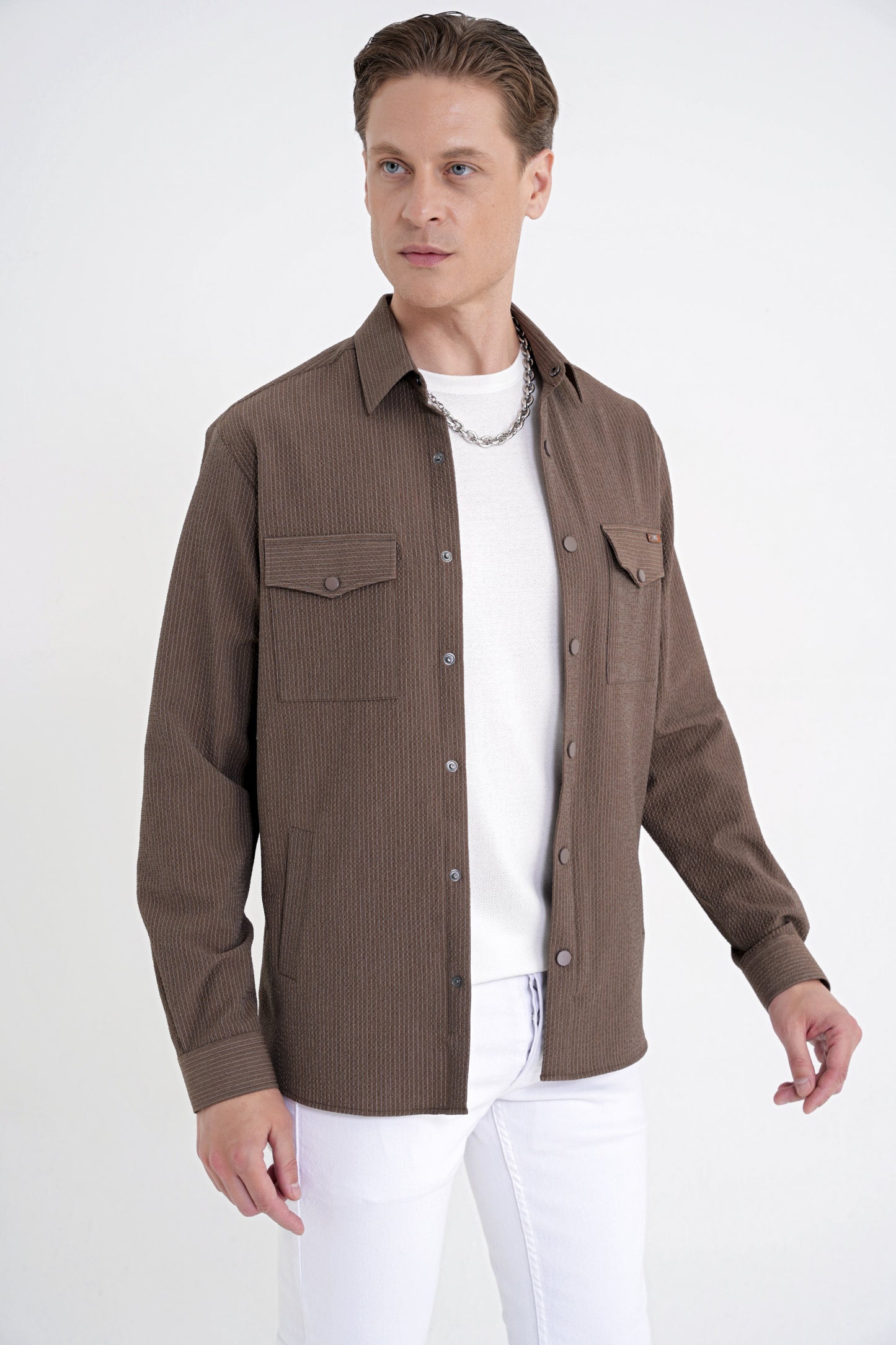 Comfort Fit Yan Cepli Esnek Ince Çizgili Camel Gömlek Ceket G 1608