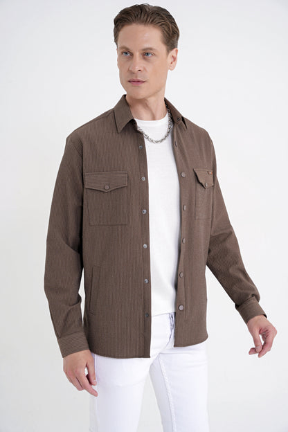 Comfort Fit Yan Cepli Esnek Ince Çizgili Camel Gömlek Ceket G 1608