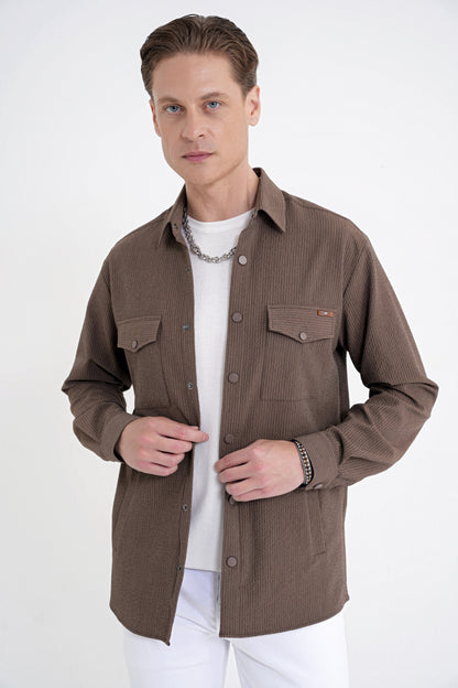 Comfort Fit Yan Cepli Esnek Ince Çizgili Camel Gömlek Ceket G 1608