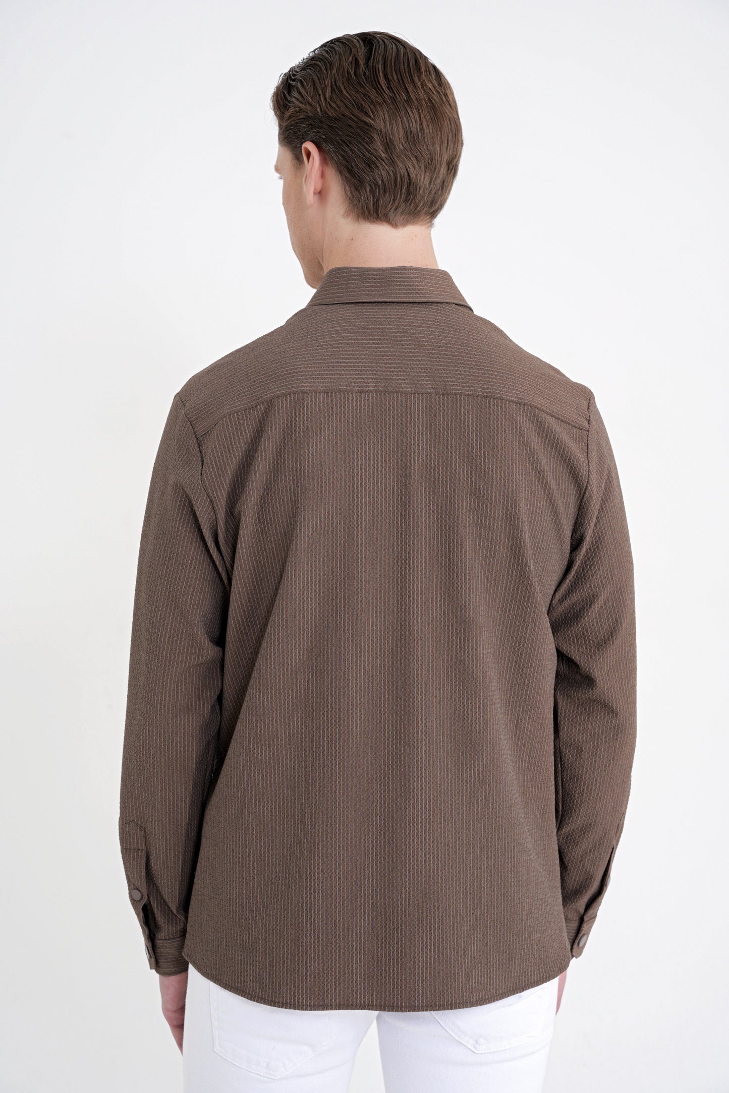 Comfort Fit Yan Cepli Esnek Ince Çizgili Camel Gömlek Ceket G 1608