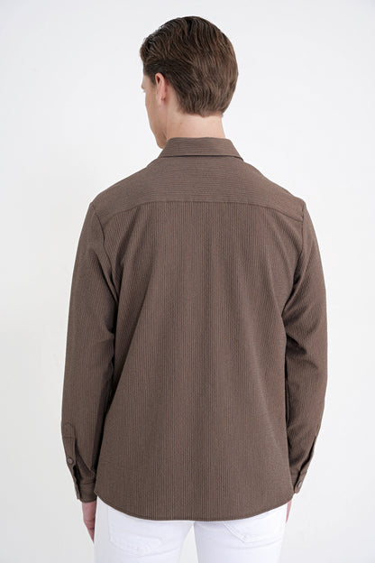 Comfort Fit Yan Cepli Esnek Ince Çizgili Camel Gömlek Ceket G 1608