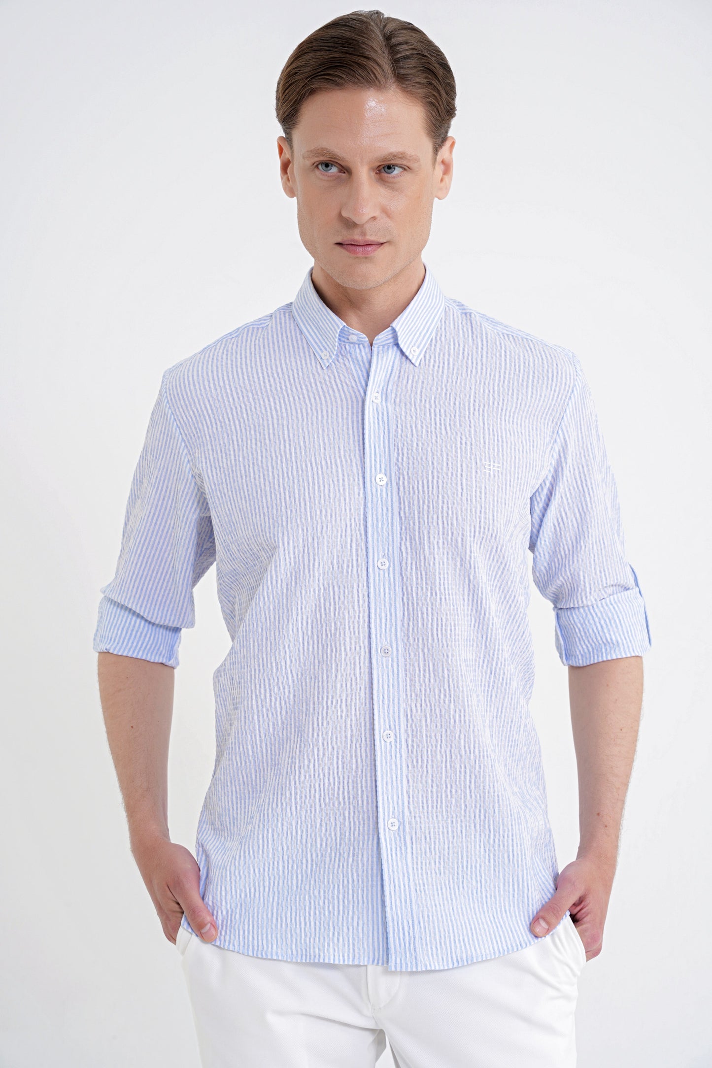 Comfort Fit Katlanır Kol Düğme Yaka %100 Pamuk Mavi Beyaz Çizgili Gömlek G 1600
