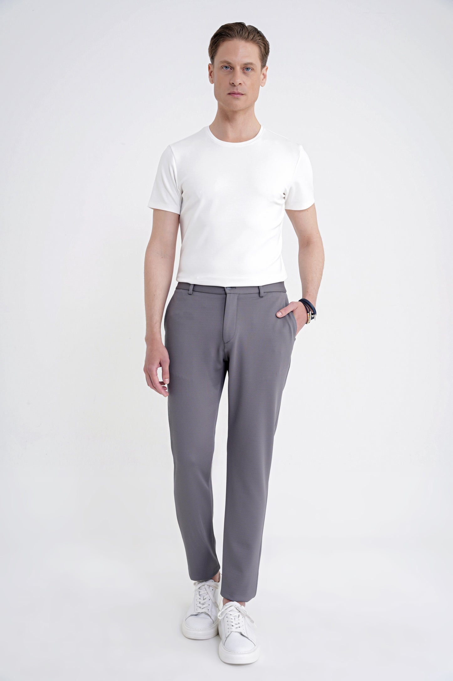 Comfort Fit Beli Lastikli Armürlü Dokuma Esnek Pamuk Gri Jogger Pantolon P 1217