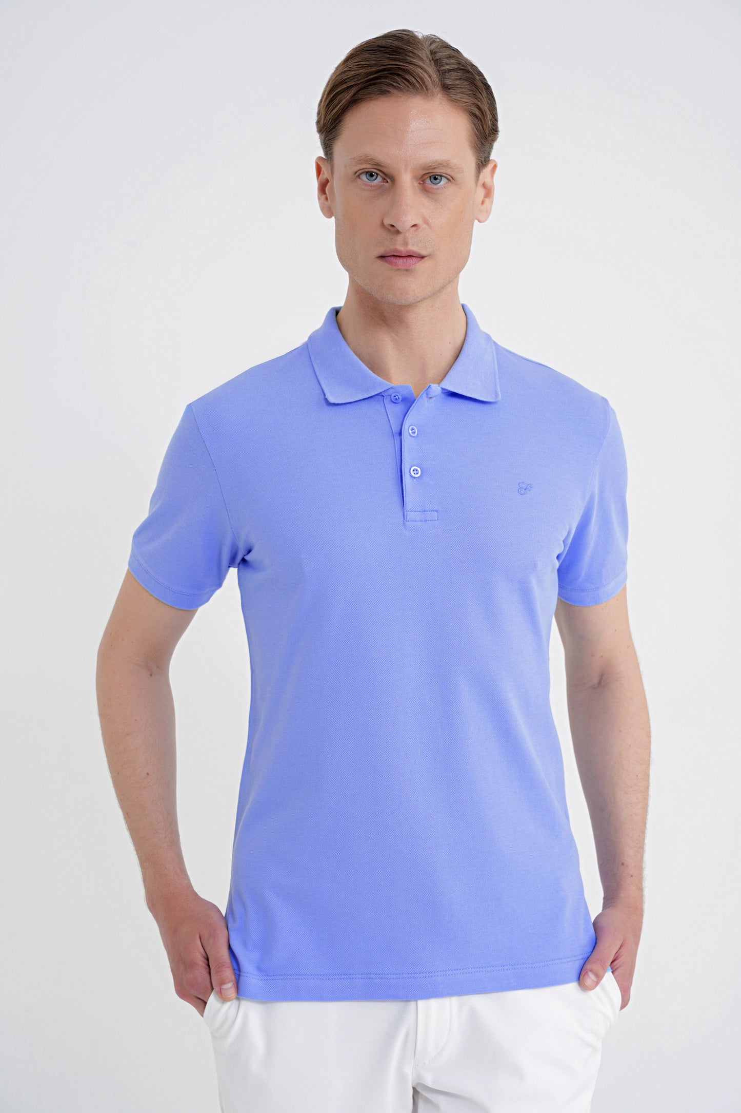 Comfort Fit Kolu Ribanalı %100 Pamuk Düğmeli Mavi Polo Yaka Tişört Ts 922