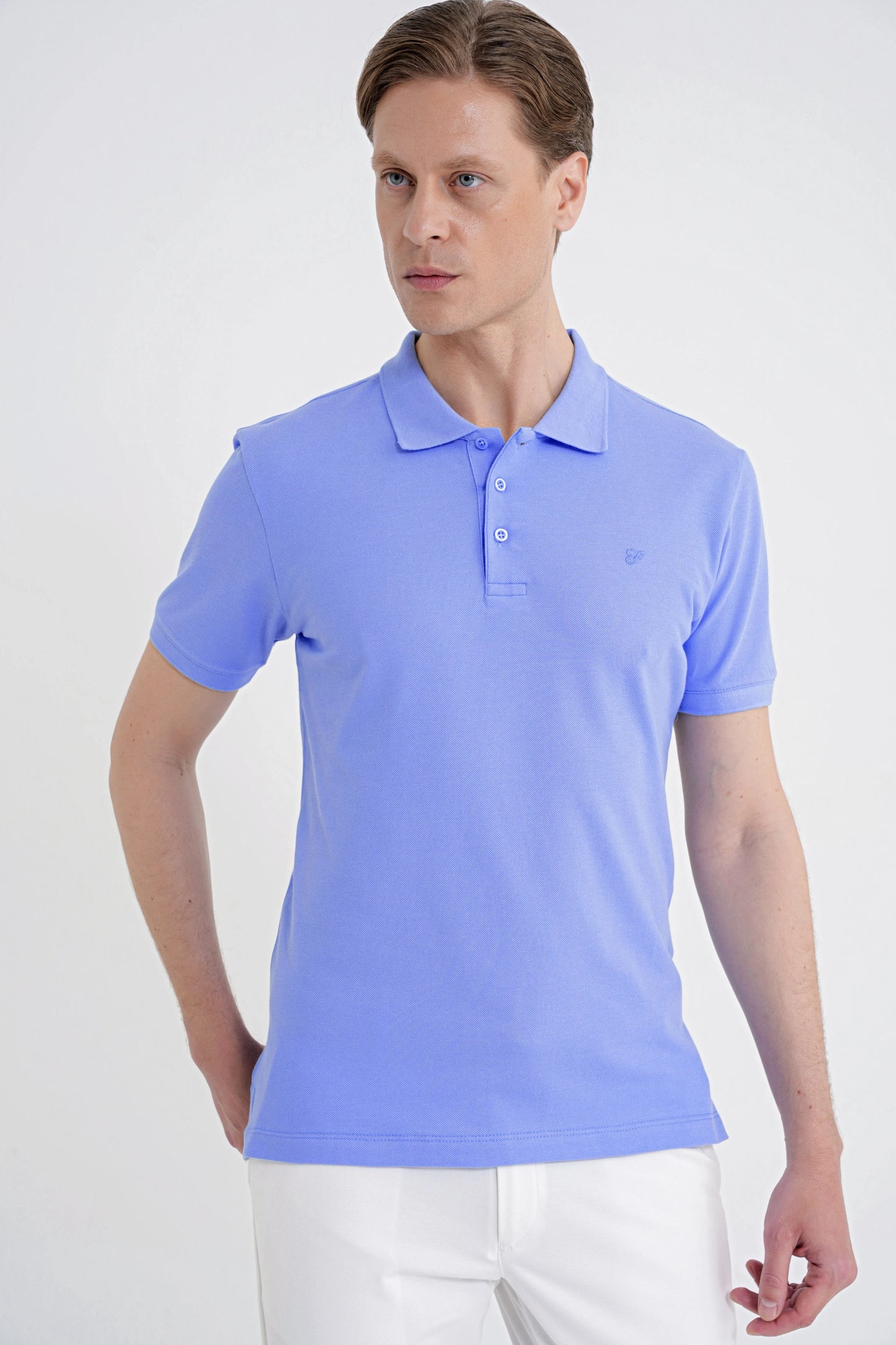 Comfort Fit Kolu Ribanalı %100 Pamuk Düğmeli Mavi Polo Yaka Tişört Ts 922