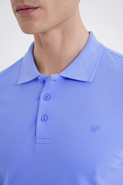 Comfort Fit Kolu Ribanalı %100 Pamuk Düğmeli Mavi Polo Yaka Tişört Ts 922