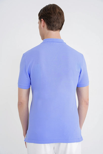 Comfort Fit Kolu Ribanalı %100 Pamuk Düğmeli Mavi Polo Yaka Tişört Ts 922