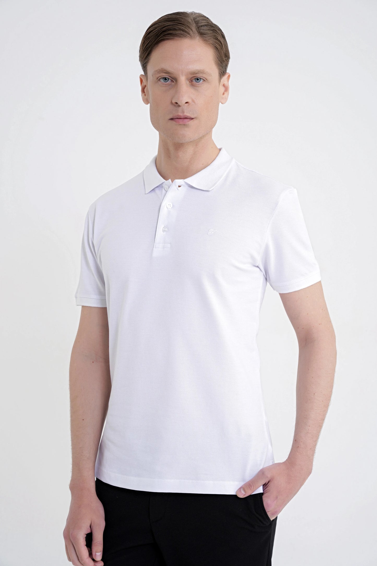 Comfort Fit Kolu Ribanalı %100 Pamuk Düğmeli Beyaz Polo Yaka Tişört Ts 922