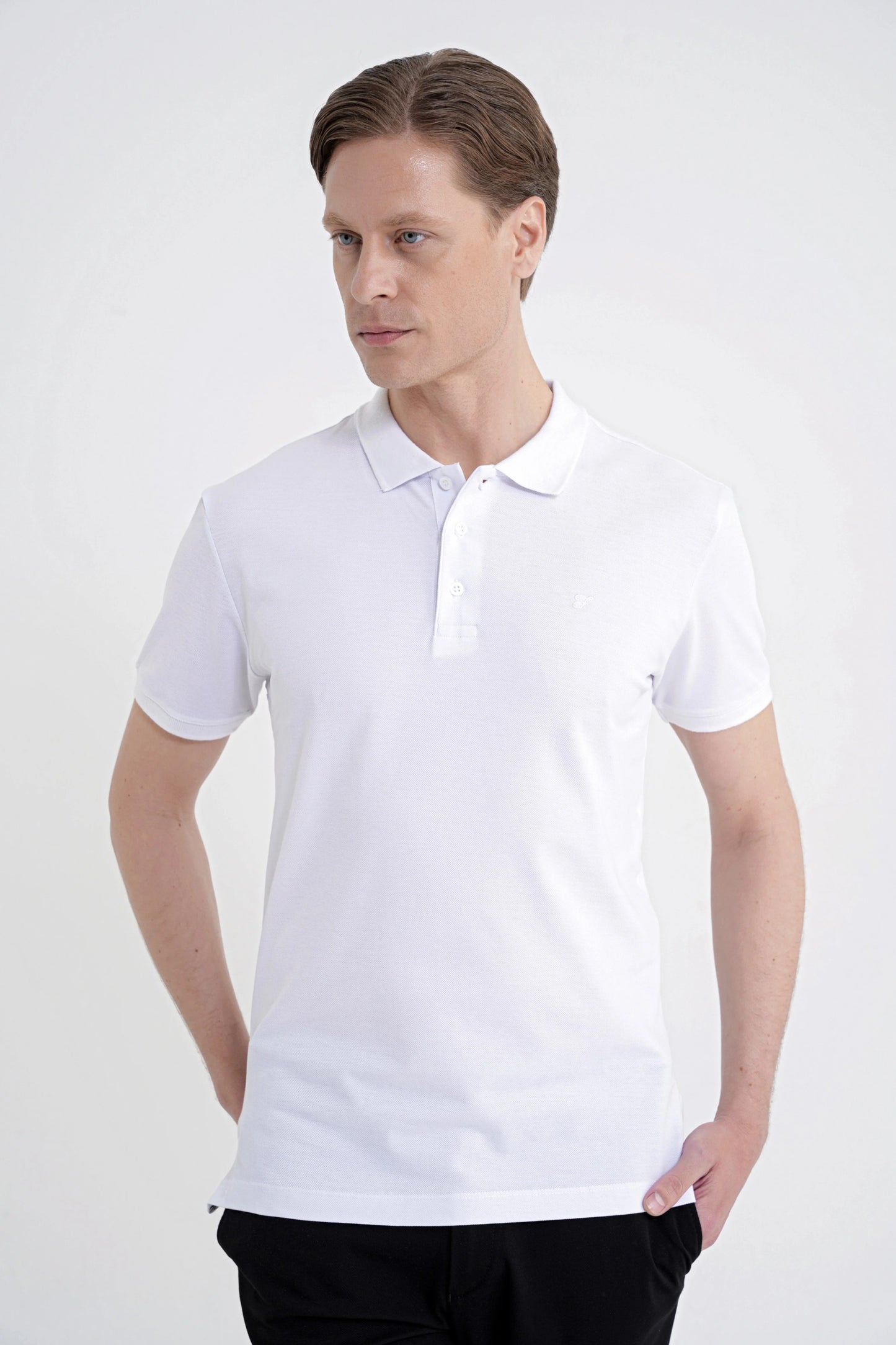 Comfort Fit Kolu Ribanalı %100 Pamuk Düğmeli Beyaz Polo Yaka Tişört Ts 922