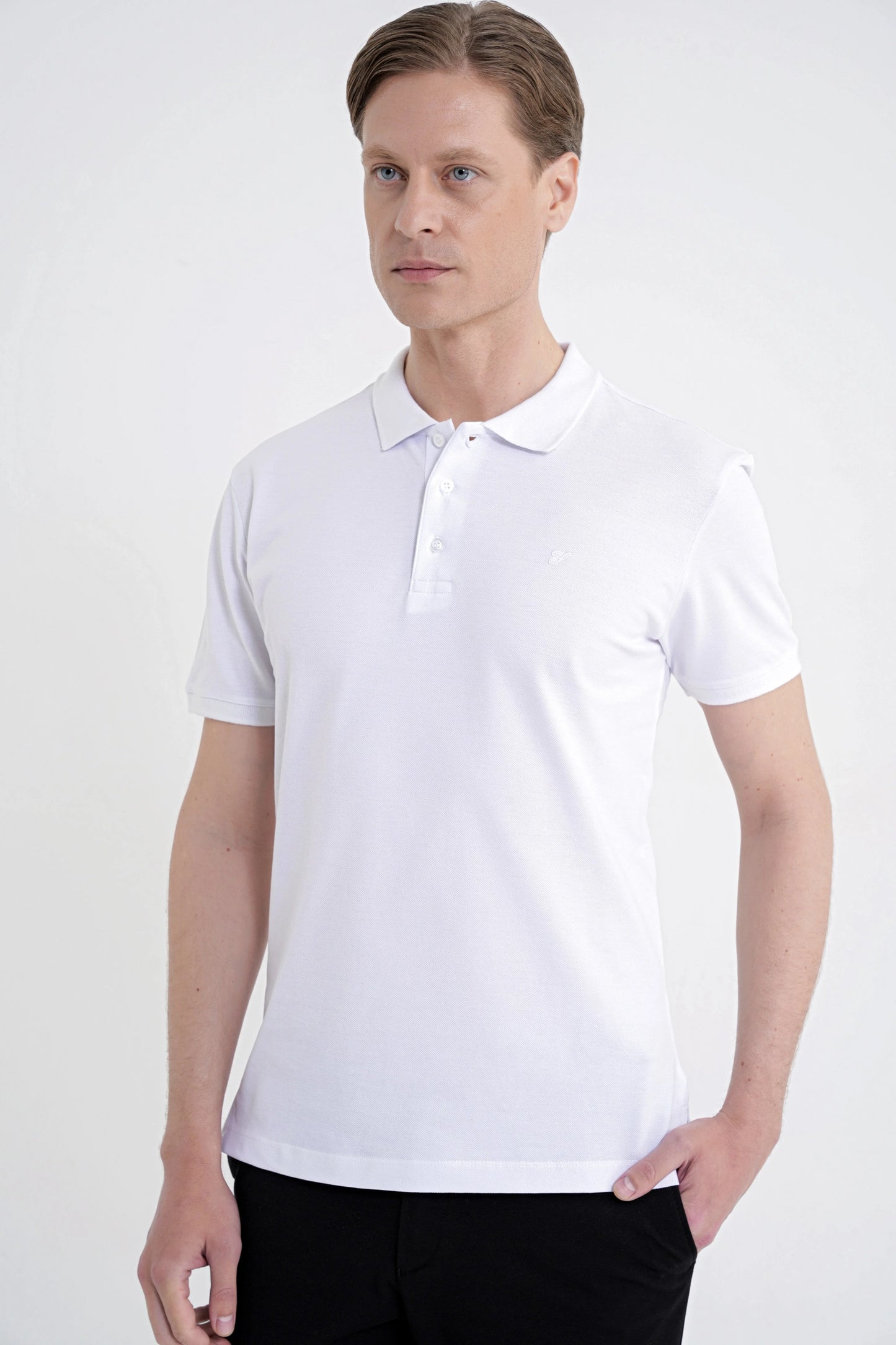 Comfort Fit Kolu Ribanalı %100 Pamuk Düğmeli Beyaz Polo Yaka Tişört Ts 922