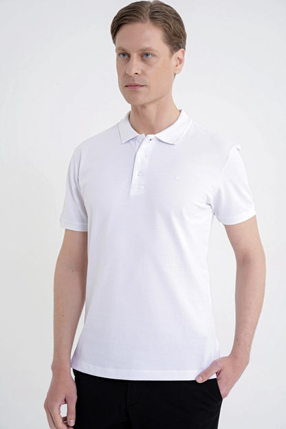 Comfort Fit Kolu Ribanalı %100 Pamuk Düğmeli Beyaz Polo Yaka Tişört Ts 922