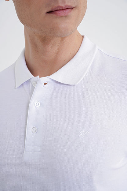 Comfort Fit Kolu Ribanalı %100 Pamuk Düğmeli Beyaz Polo Yaka Tişört Ts 922