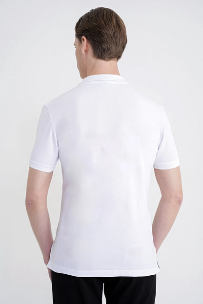 Comfort Fit Kolu Ribanalı %100 Pamuk Düğmeli Beyaz Polo Yaka Tişört Ts 922