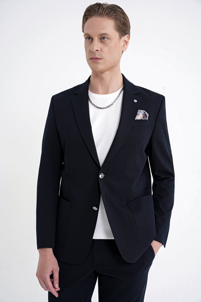 Comfort Fit Çift Yırtmaç Torba Cep Metal Düğmeli Lacivert Blazer Ceket C 734