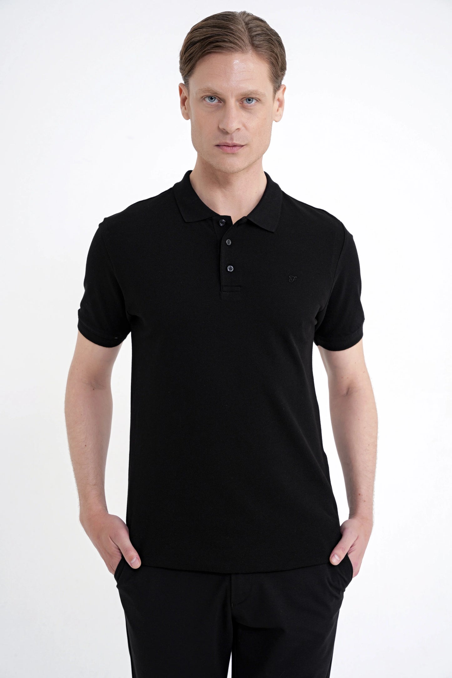 Comfort Fit Kolu Ribanalı %100 Pamuk Düğmeli Siyah Polo Yaka Tişört Ts 922