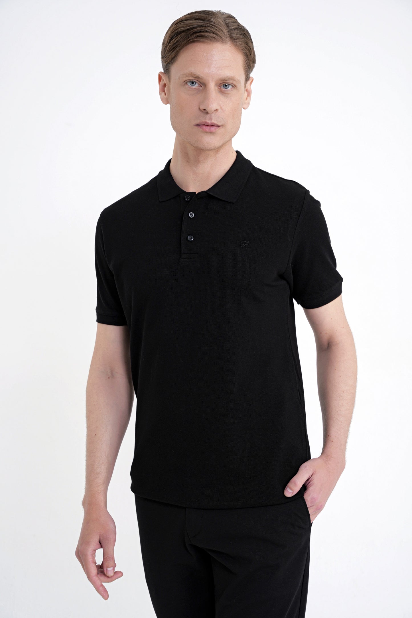 Comfort Fit Kolu Ribanalı %100 Pamuk Düğmeli Siyah Polo Yaka Tişört Ts 922