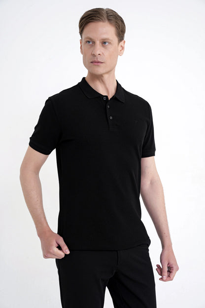 Comfort Fit Kolu Ribanalı %100 Pamuk Düğmeli Siyah Polo Yaka Tişört Ts 922