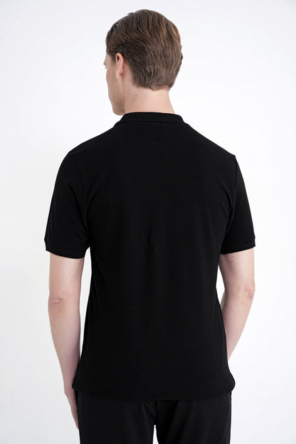Comfort Fit Kolu Ribanalı %100 Pamuk Düğmeli Siyah Polo Yaka Tişört Ts 922