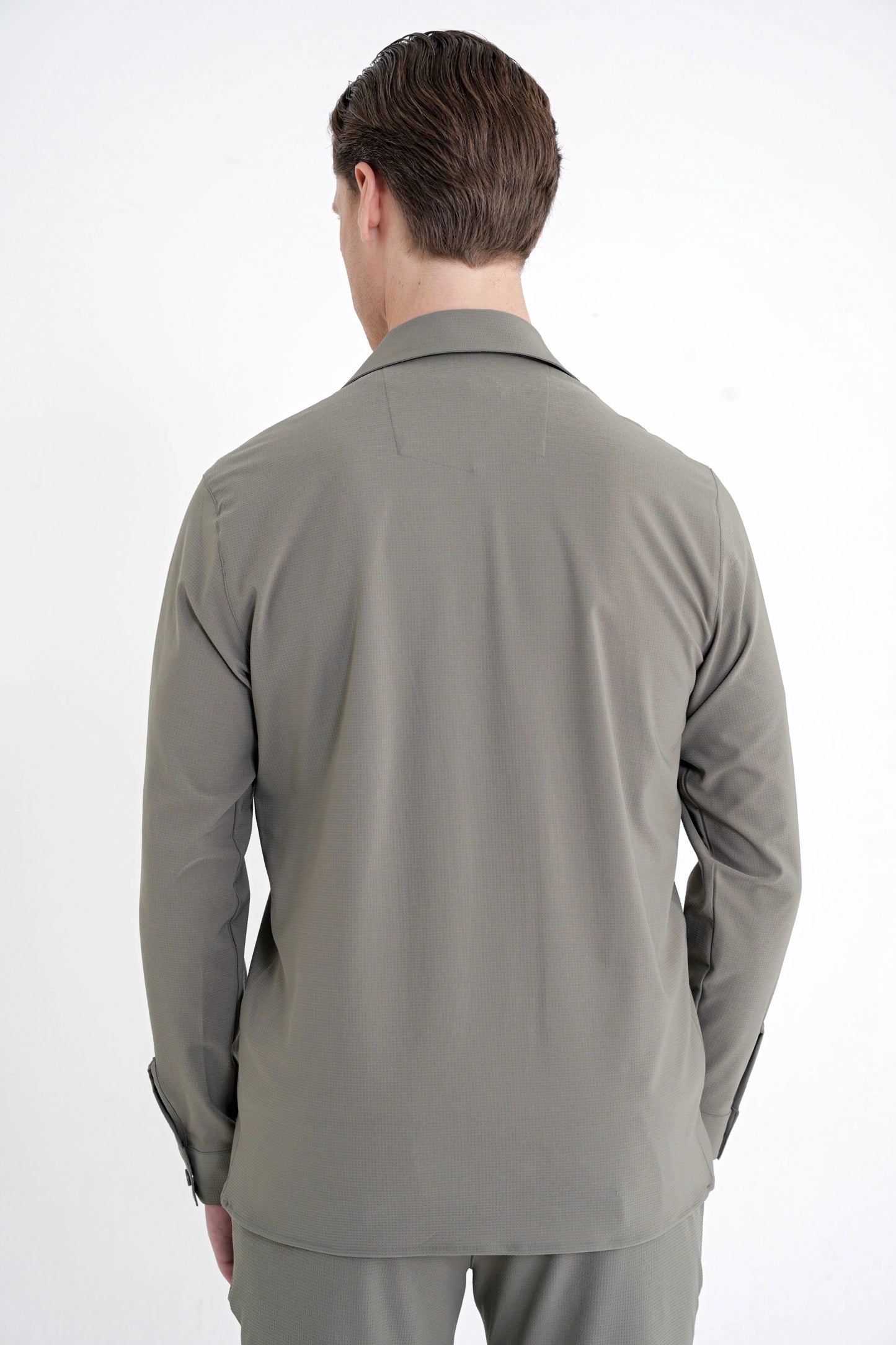 Comfort Fit Apaş Yaka Doku Desenli %100 Pamuk Haki Gömlek Ceket G 1601