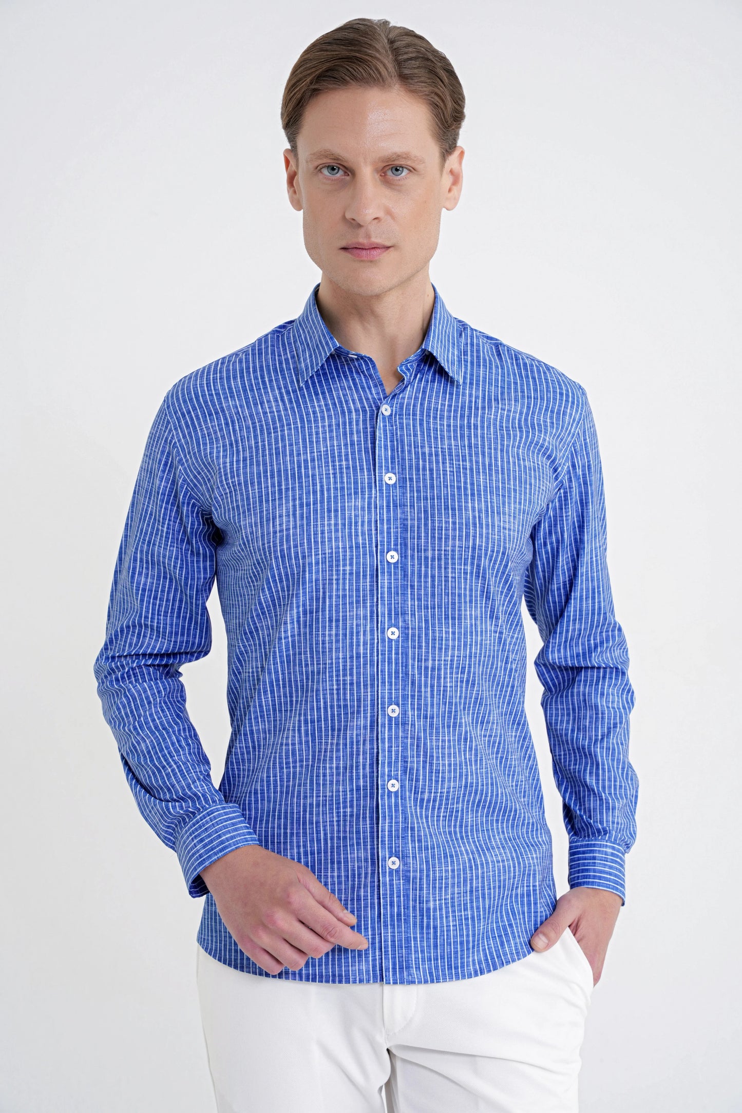 Slim Fit Klapa Yaka Esnek Pamuklu Koyu Mavi Çizgili Gömlek G 1599