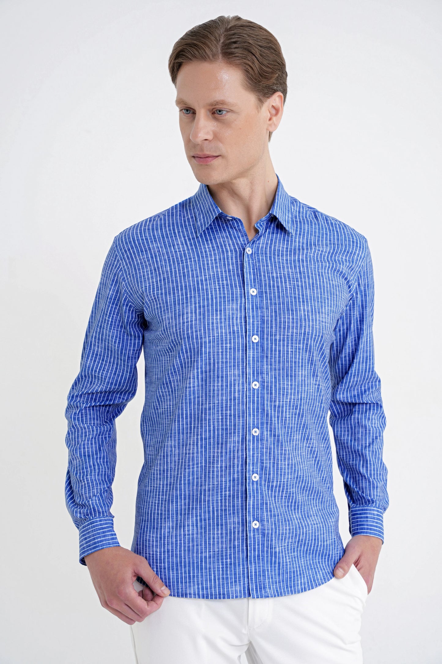 Slim Fit Klapa Yaka Esnek Pamuklu Koyu Mavi Çizgili Gömlek G 1599