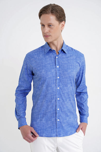 Slim Fit Klapa Yaka Esnek Pamuklu Koyu Mavi Çizgili Gömlek G 1599