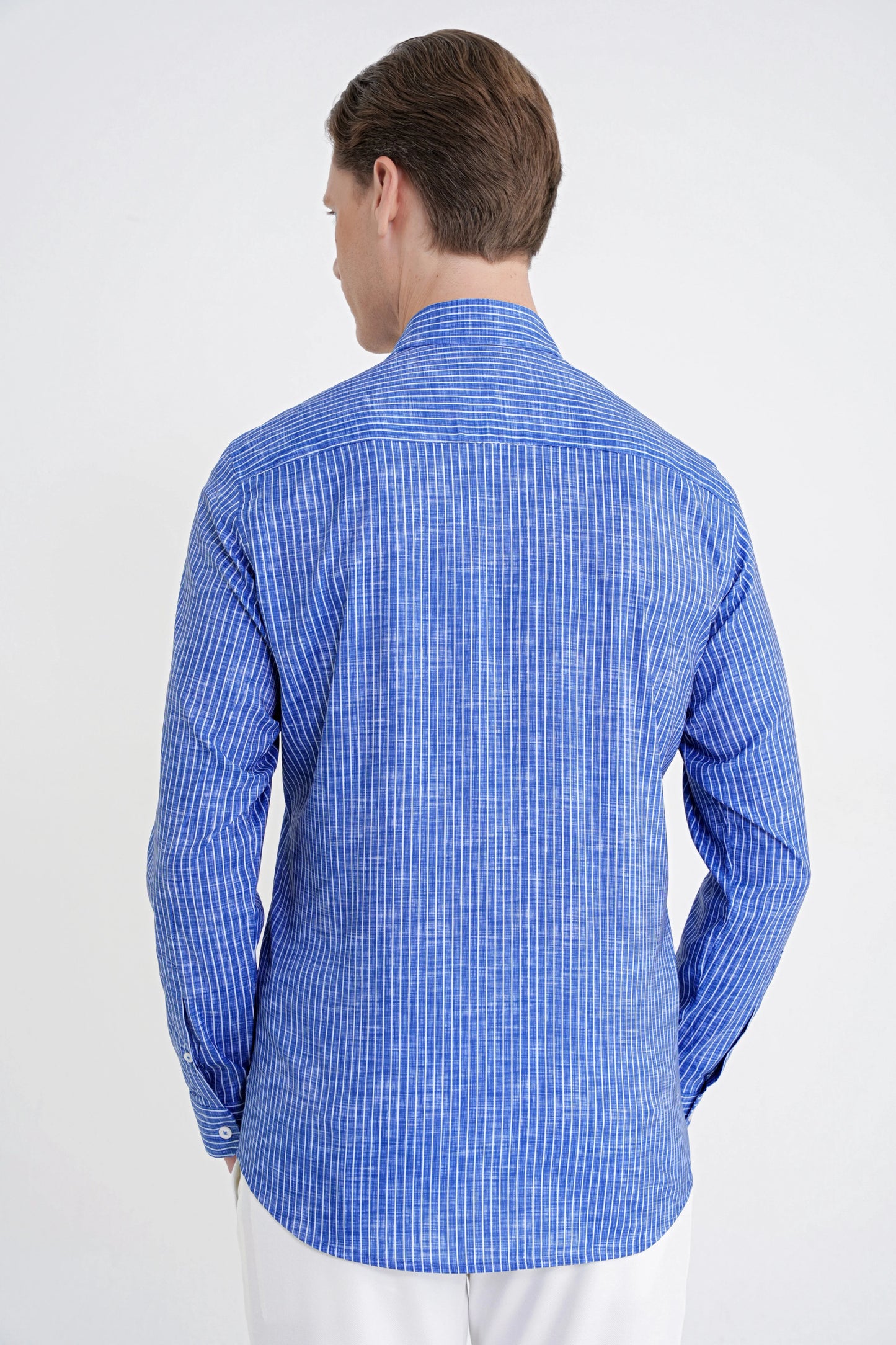 Slim Fit Klapa Yaka Esnek Pamuklu Koyu Mavi Çizgili Gömlek G 1599