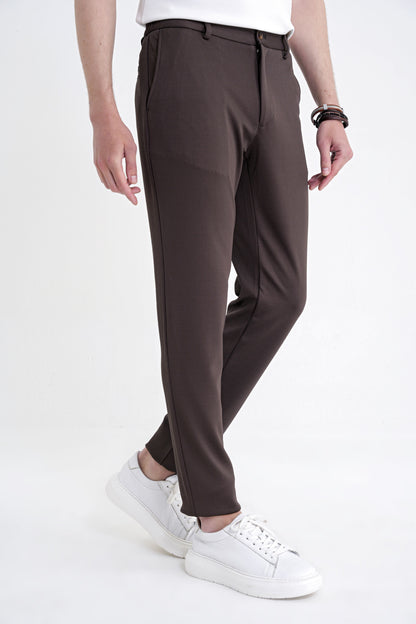 Comfort Fit Beli Lastikli Armürlü Dokuma Esnek Pamuk Kahverengi Jogger Pantolon P 1217