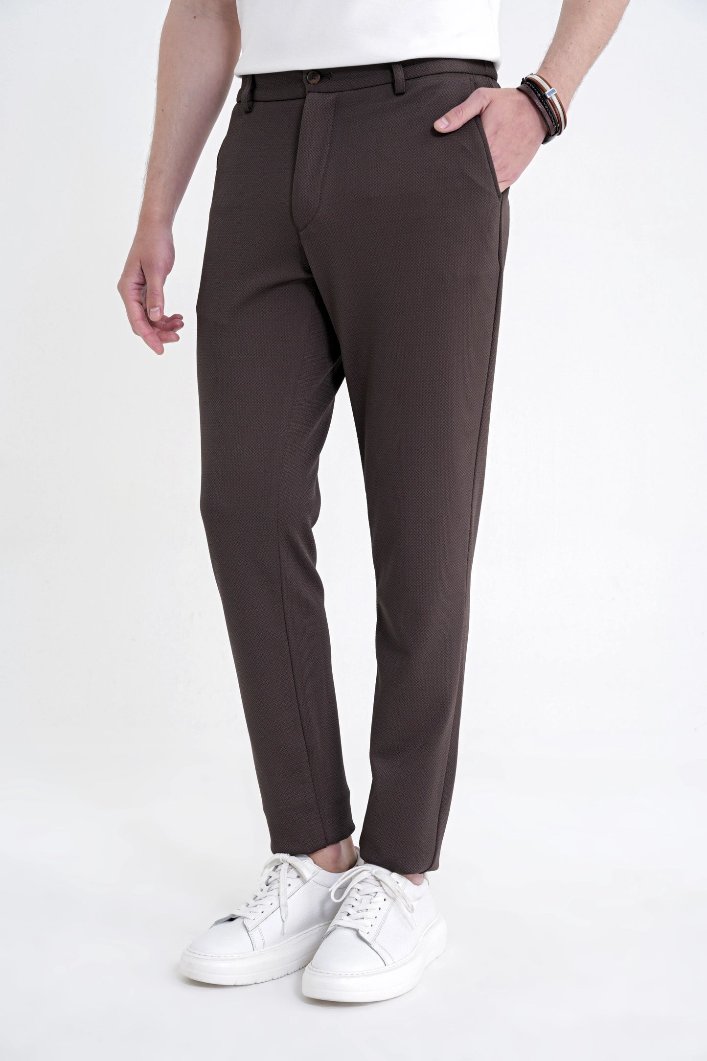 Comfort Fit Beli Lastikli Armürlü Dokuma Esnek Pamuk Kahverengi Jogger Pantolon P 1217