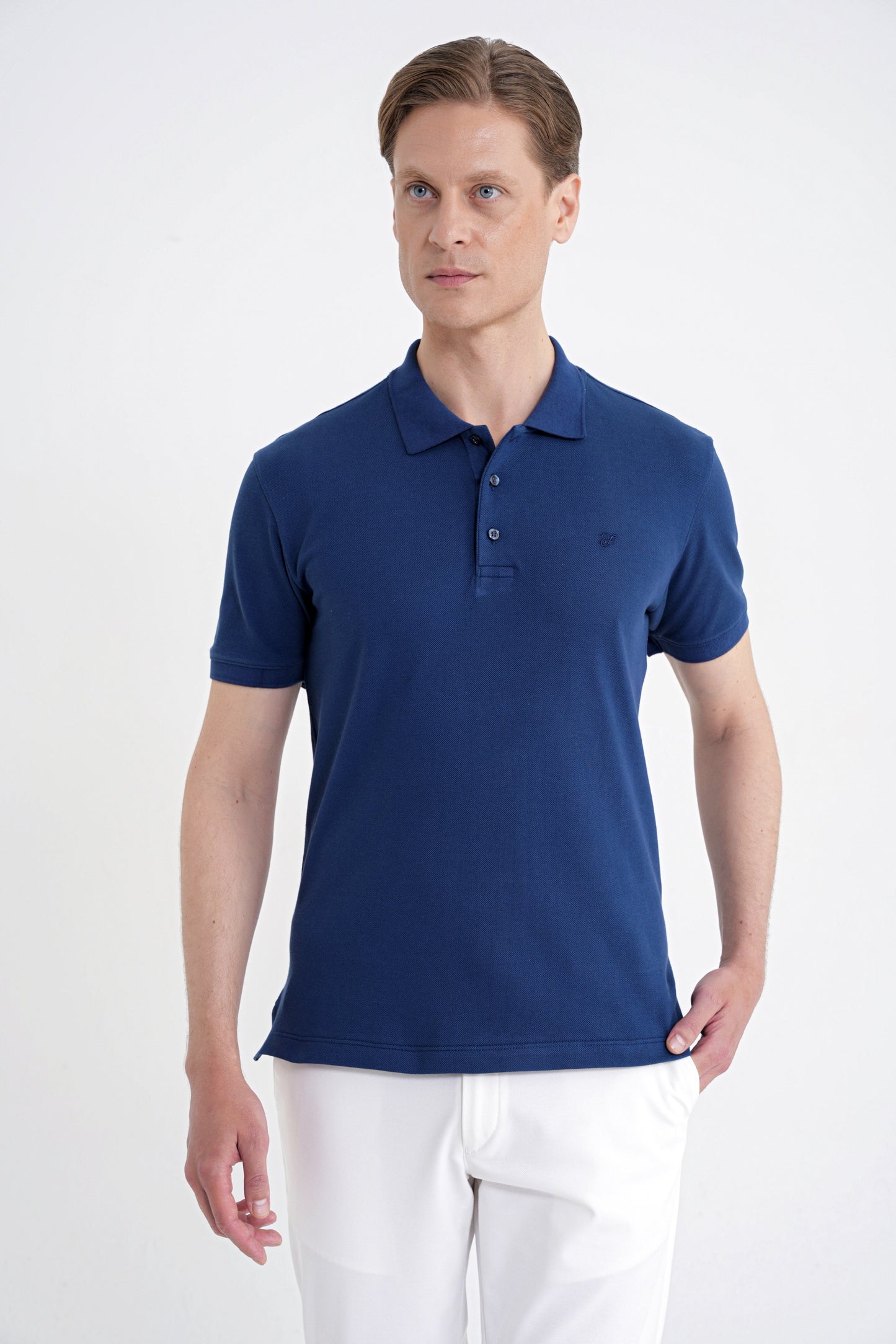 Comfort Fit Kolu Ribanalı %100 Pamuk Düğmeli Lacivert Polo Yaka Tişört Ts 922