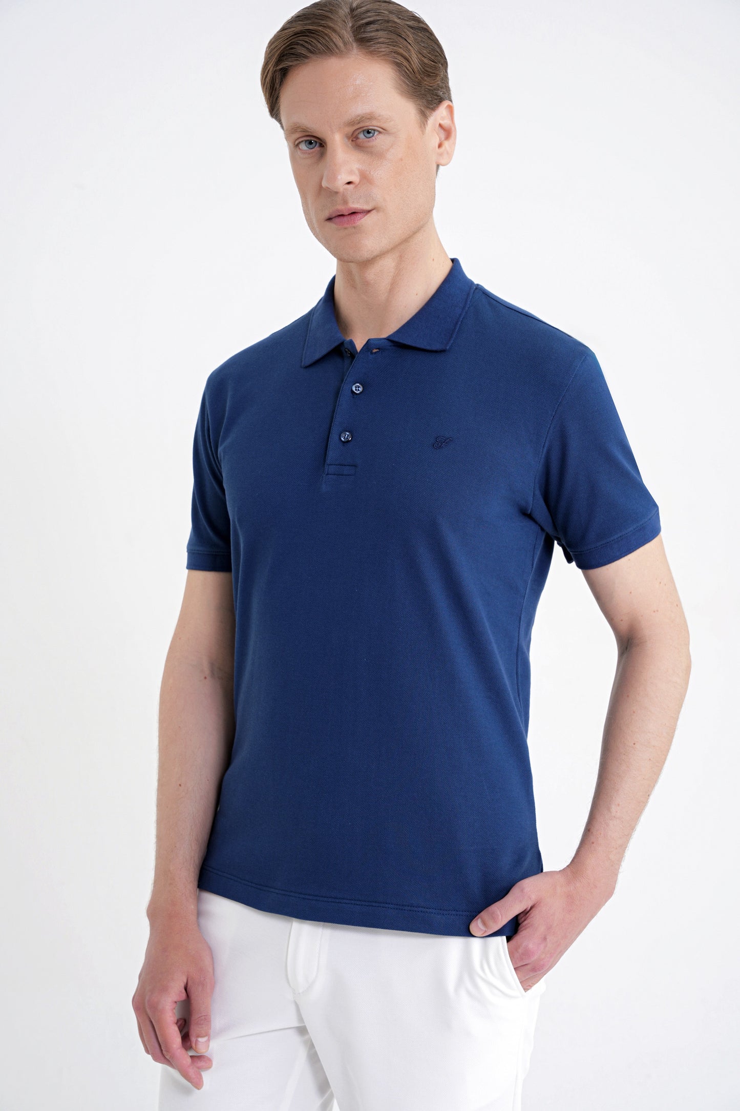 Comfort Fit Kolu Ribanalı %100 Pamuk Düğmeli Lacivert Polo Yaka Tişört Ts 922