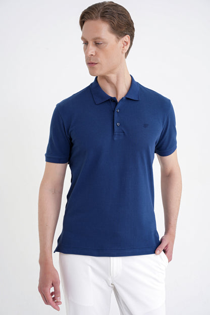 Comfort Fit Kolu Ribanalı %100 Pamuk Düğmeli Lacivert Polo Yaka Tişört Ts 922