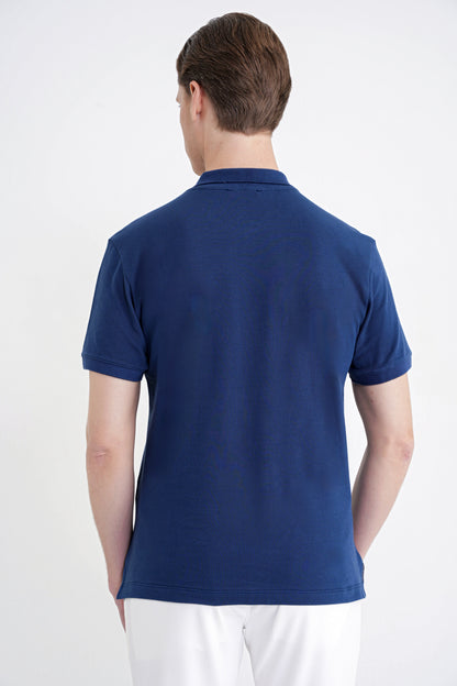 Comfort Fit Kolu Ribanalı %100 Pamuk Düğmeli Lacivert Polo Yaka Tişört Ts 922