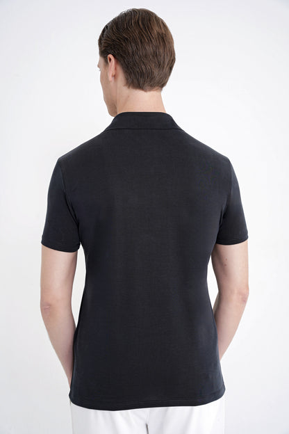 Slim Fit Modal Kumaş Siyah Çıtçıtlı Polo Yaka Tişört Ts 923