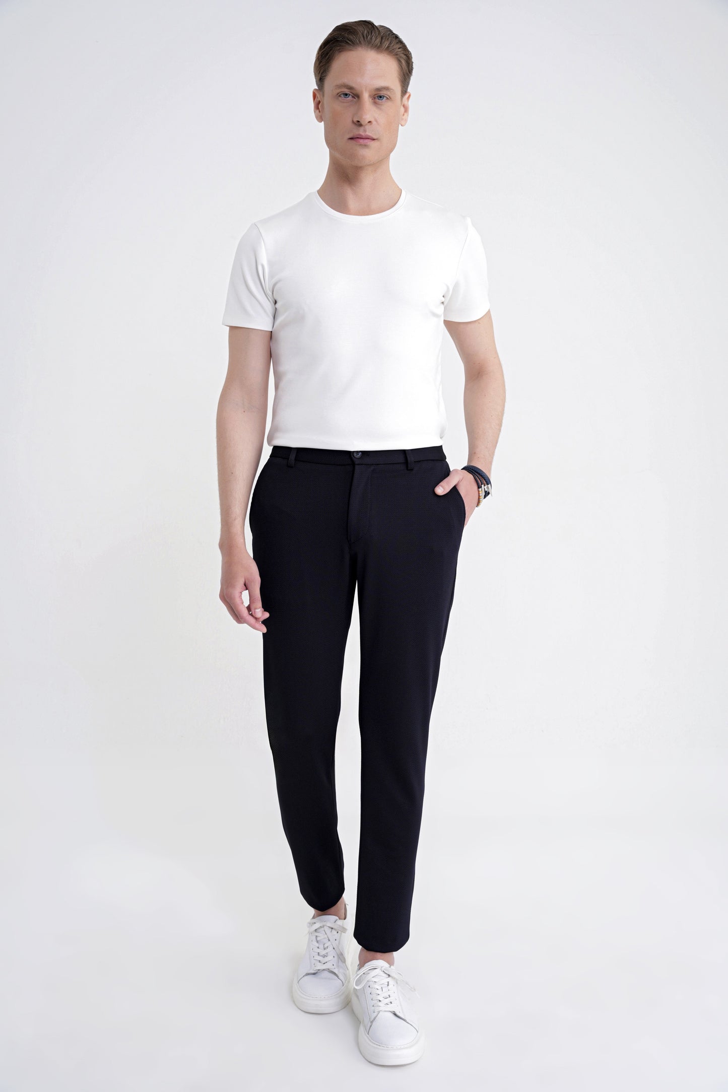 Comfort Fit Beli Lastikli Armürlü Dokuma Esnek Pamuk Lacivert Jogger Pantolon P 1217