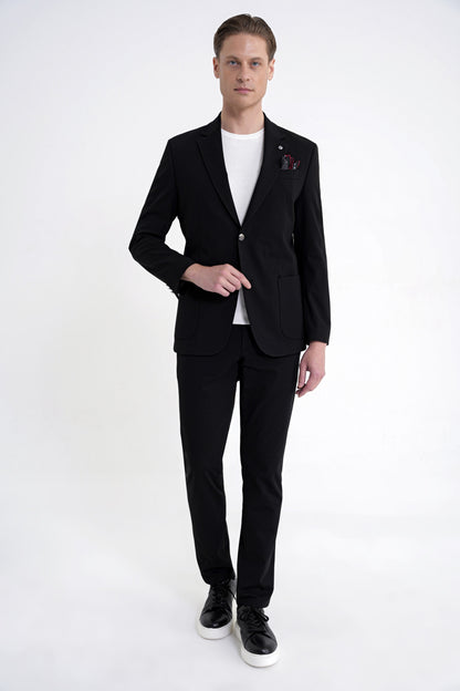 Comfort Fit Çift Yırtmaç Torba Cep Metal Düğmeli Siyah Blazer Ceket C 734