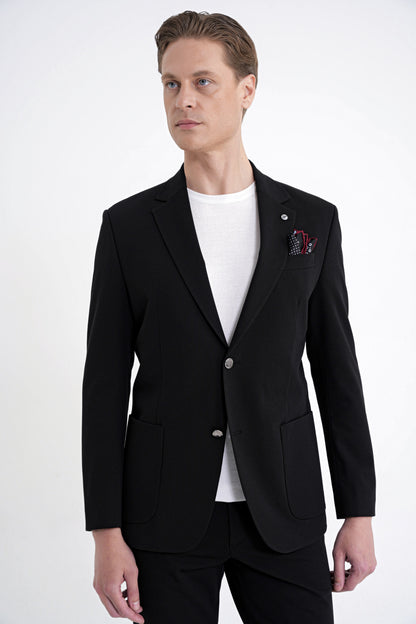Comfort Fit Çift Yırtmaç Torba Cep Metal Düğmeli Siyah Blazer Ceket C 734
