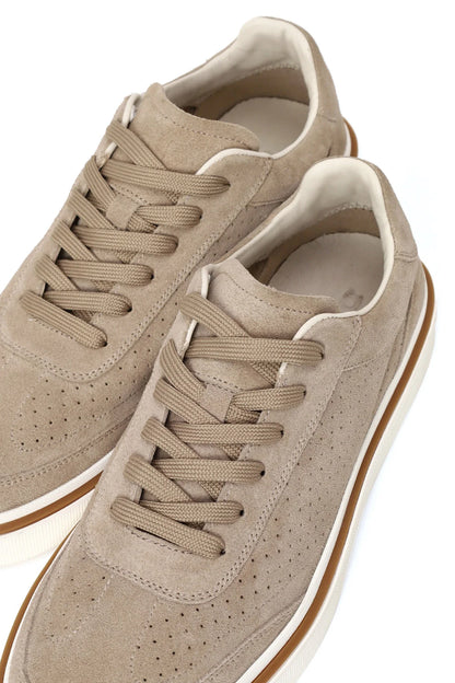 Erkek Bej Bağcıklı Kalın Tabanlı Süet Deri Sneaker