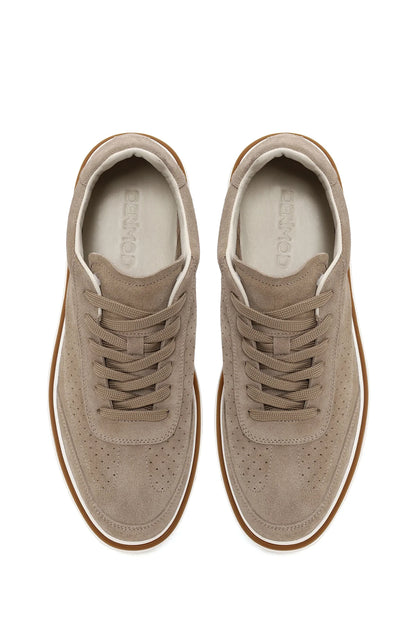 Erkek Bej Bağcıklı Kalın Tabanlı Süet Deri Sneaker