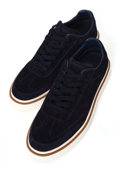 Erkek Lacivert Bağcıklı Kalın Tabanlı Süet Deri Sneaker