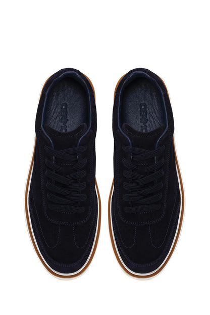 Erkek Lacivert Bağcıklı Kalın Tabanlı Süet Deri Sneaker