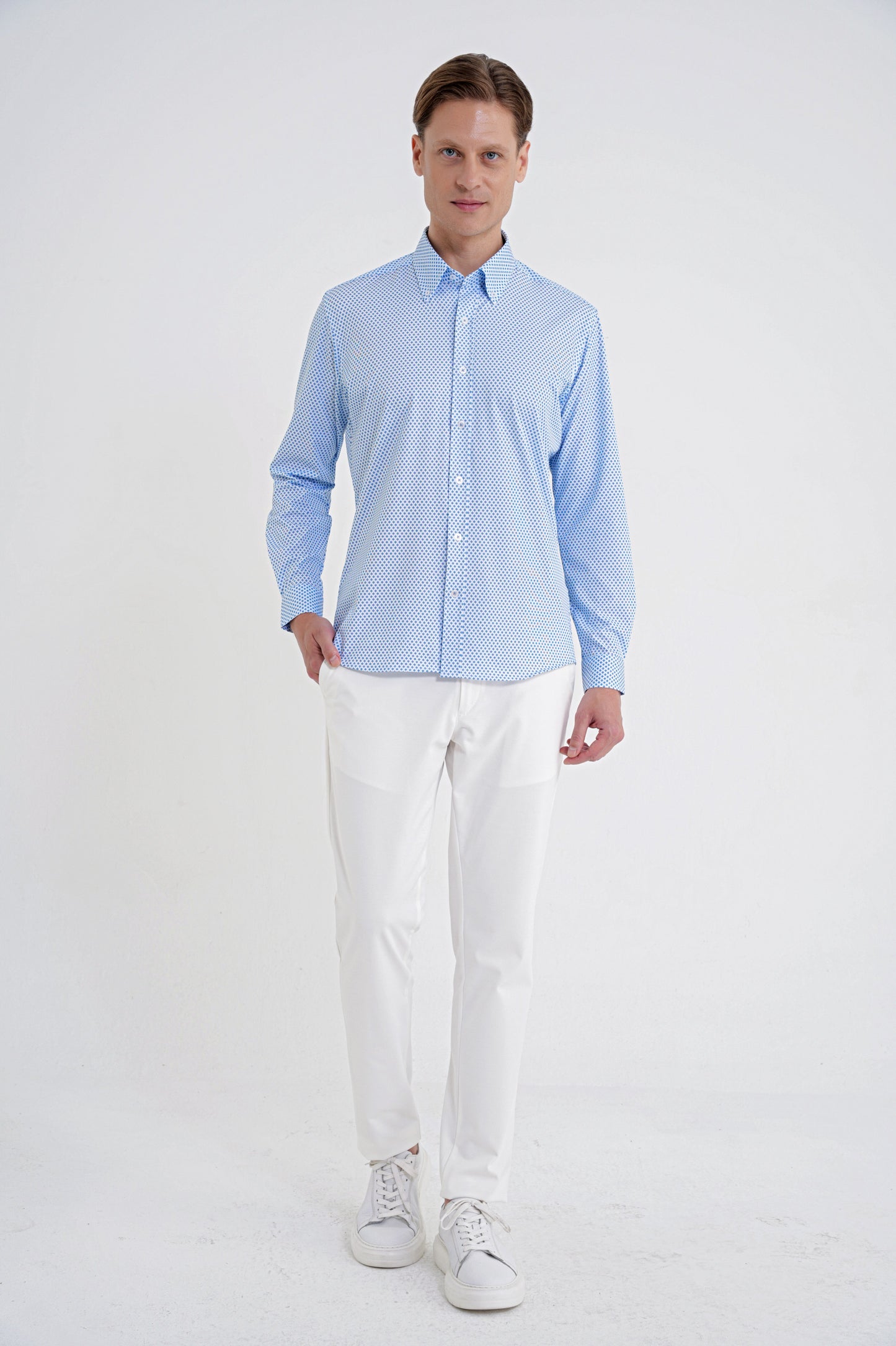Slim Fit Yaka Düğmeli Baskılı Pamuklu Mavi Gömlek G 1605