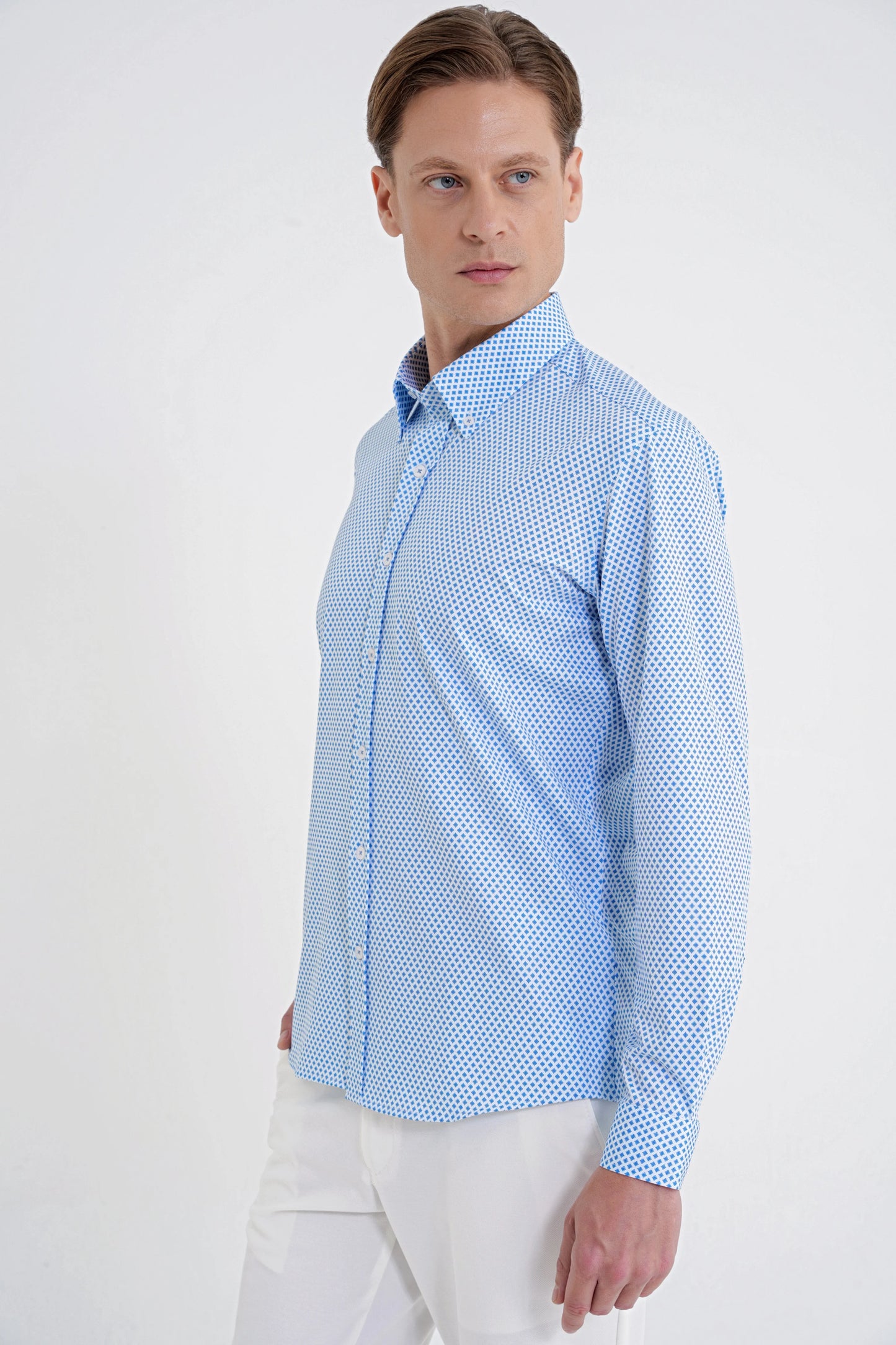 Slim Fit Yaka Düğmeli Baskılı Pamuklu Mavi Gömlek G 1605