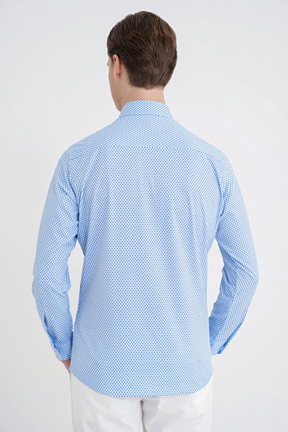 Slim Fit Yaka Düğmeli Baskılı Pamuklu Mavi Gömlek G 1605