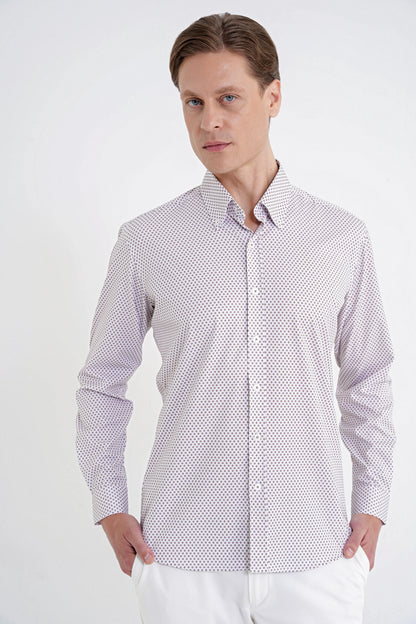 Slim Fit Yaka Düğmeli Baskılı Pamuklu Beyaz Gömlek G 1605