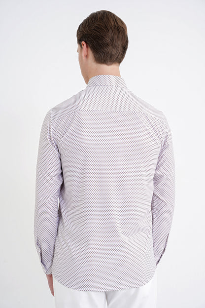 Slim Fit Yaka Düğmeli Baskılı Pamuklu Beyaz Gömlek G 1605