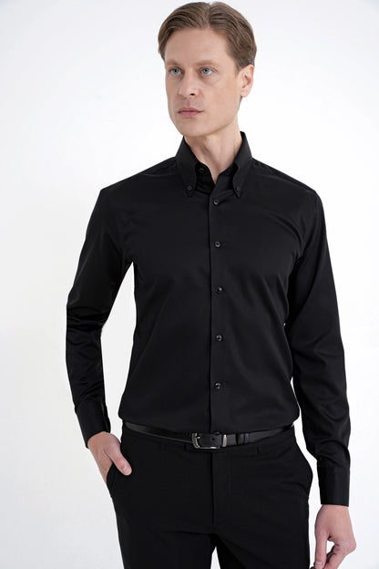 Slim Fit Düğmeli Yüksek Yaka %100 Pamuk Saten Düz Siyah Gömlek Gk 760