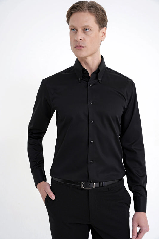Slim Fit Düğmeli Yüksek Yaka %100 Pamuk Saten Düz Siyah Gömlek Gk 760