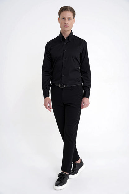 Slim Fit Düğmeli Yüksek Yaka %100 Pamuk Saten Düz Siyah Gömlek Gk 760
