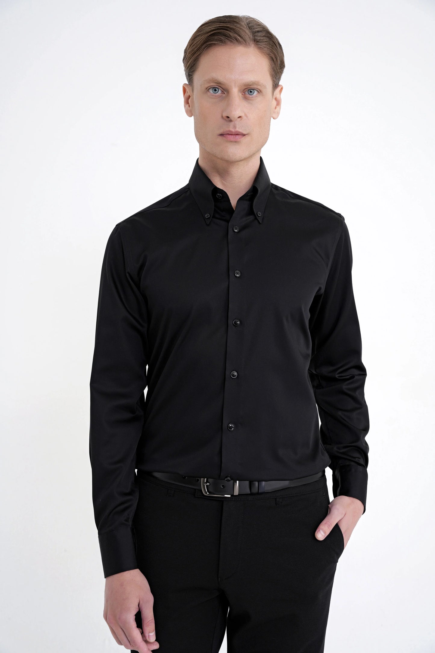 Slim Fit Düğmeli Yüksek Yaka %100 Pamuk Saten Düz Siyah Gömlek Gk 760